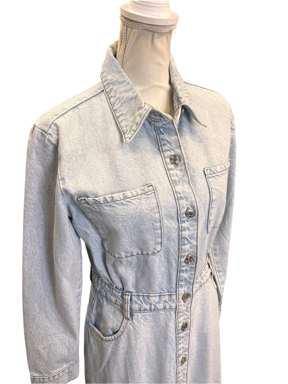 Zara Light Wash Denim Maxi Shirt Dress Button Front Duster Size S - Picture 9 of 12